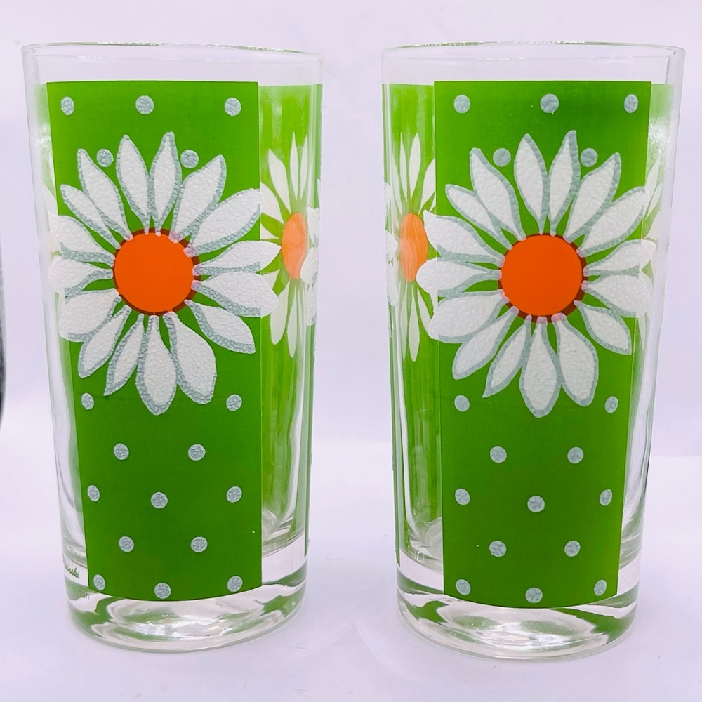 Set of 2 MCM Pasinski Washington Green Daisy Polkadot Drinking Glasses